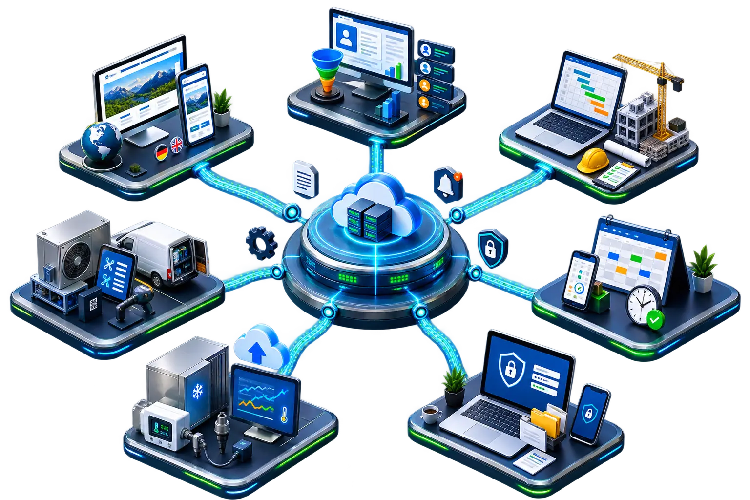 Isometric map of the JuKo platform: a central secure cloud hub connected to seven modules — website, CRM, projects, service operations, appointments, HACCP monitoring and client portal
