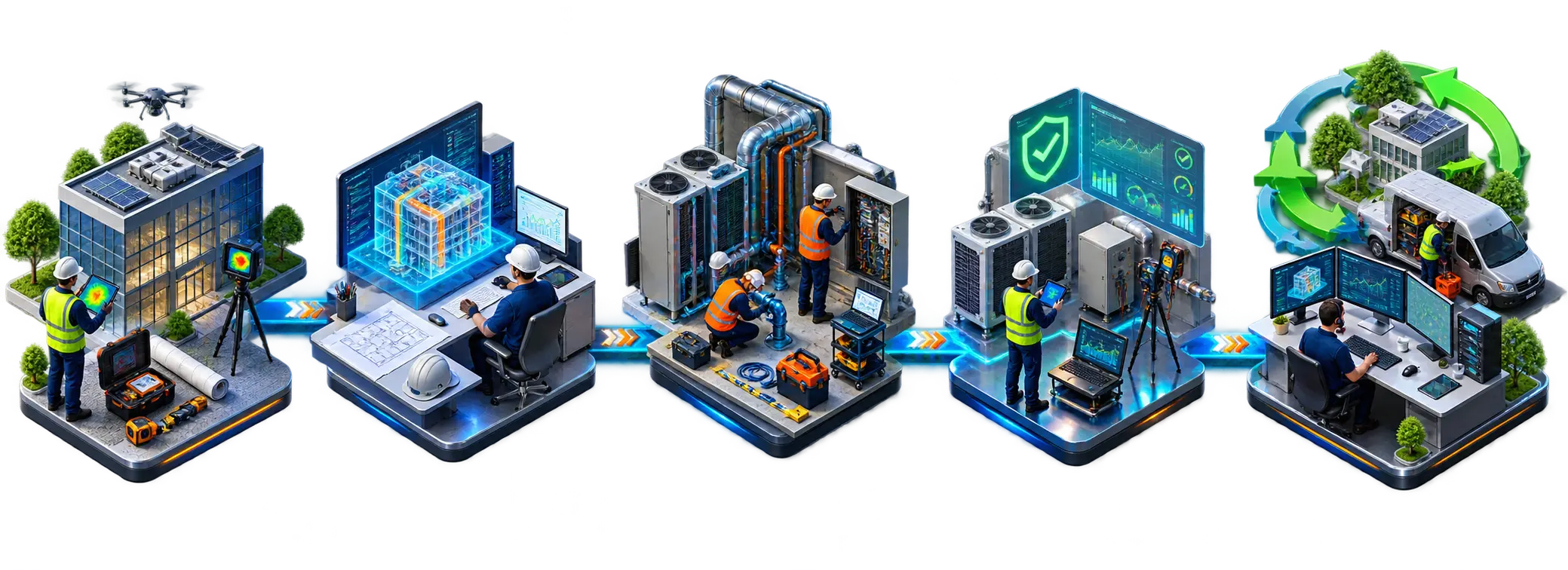 Five connected isometric scenes: energy audit on site, system design at the planning desk, installation and integration, commissioning with validation dashboards, and ongoing lifecycle service