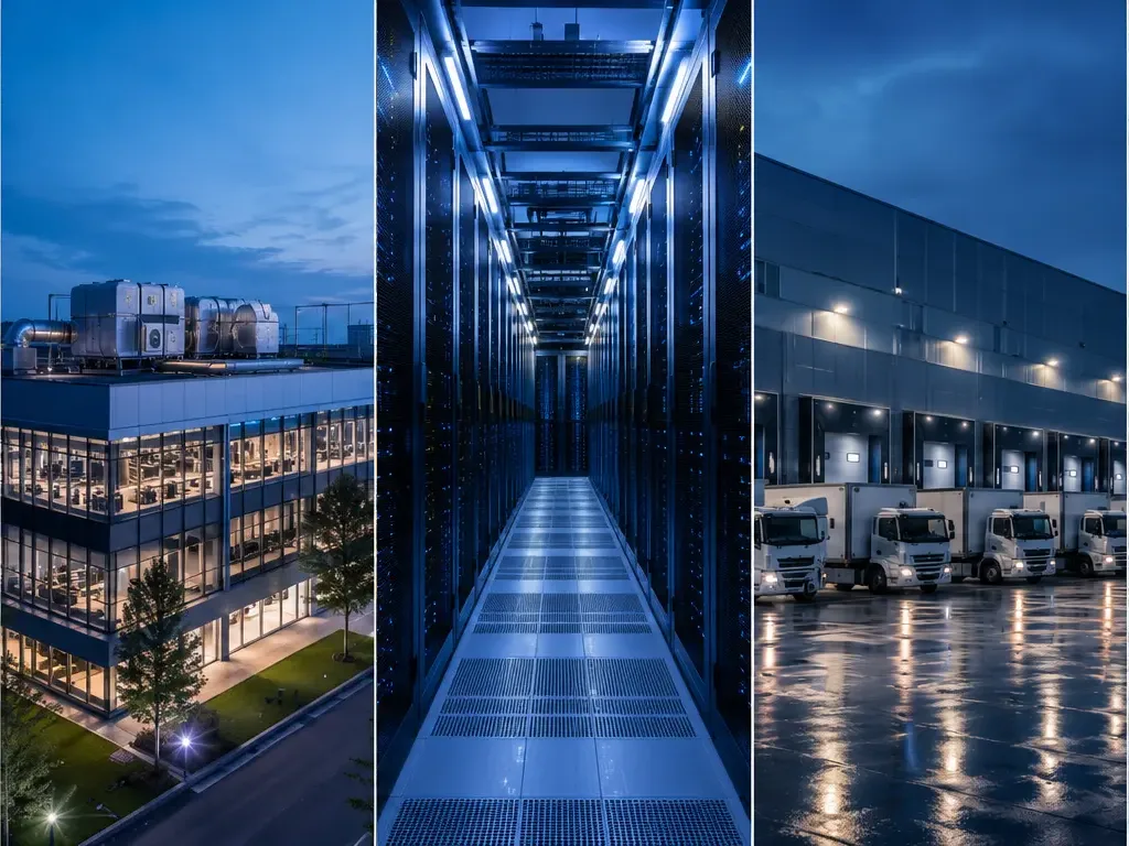 Office building with rooftop climate plant, data-centre corridor and refrigerated logistics dock