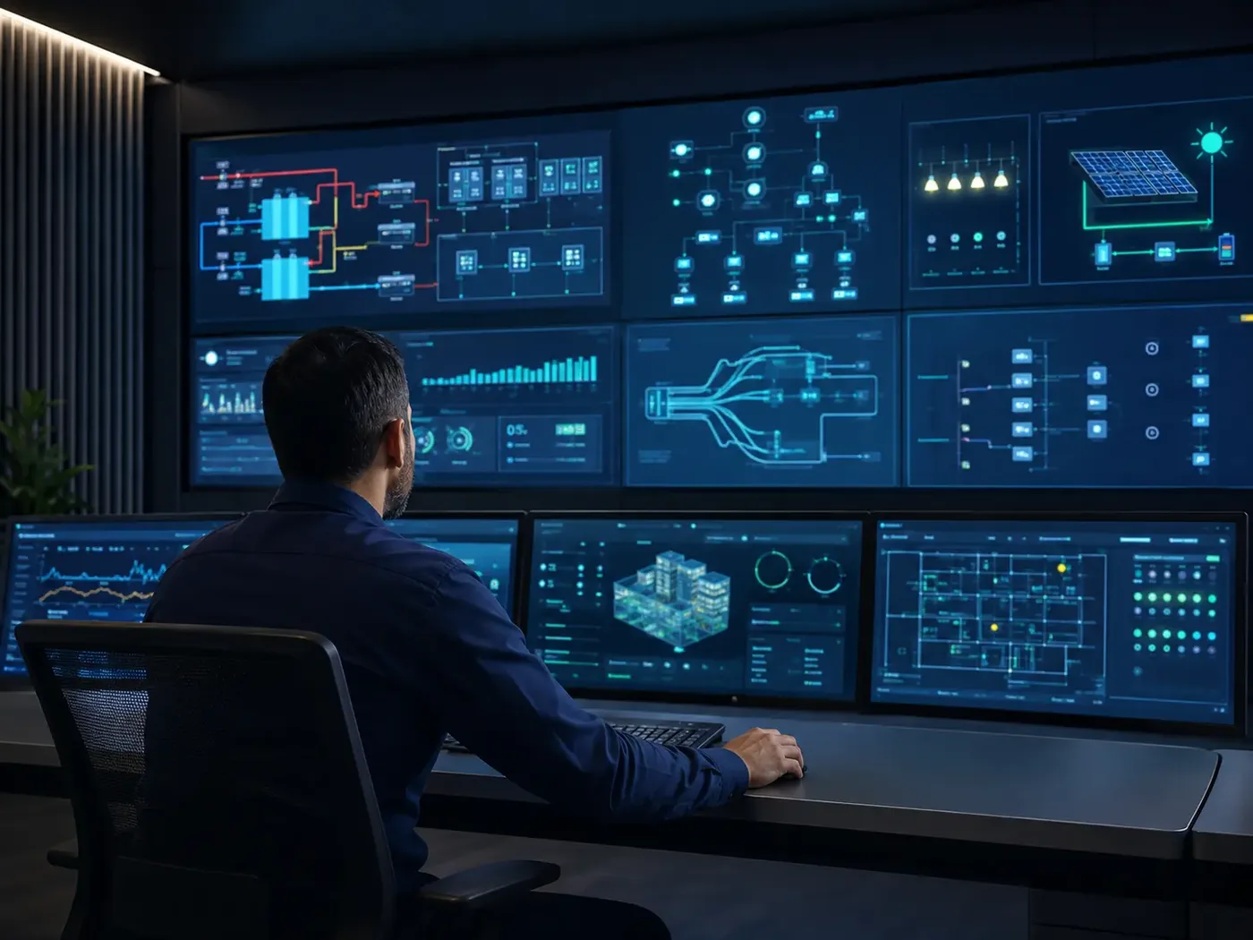 Engineer in a control room monitoring building systems on a wall of dashboards