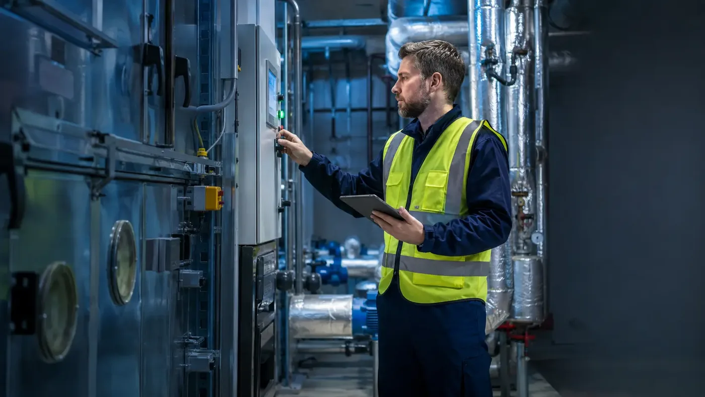 JuKo service engineer checking a plant controller with a tablet