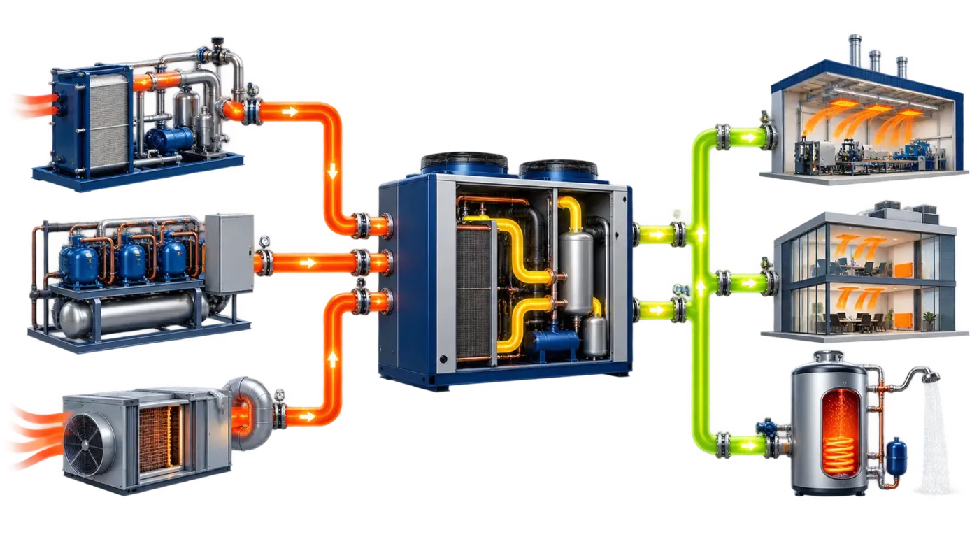 Commercial heat-pump system moving energy between source and building