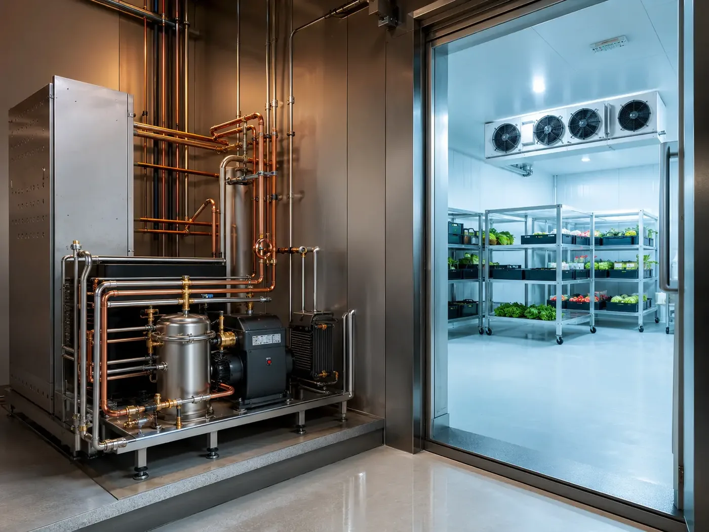 R290 refrigeration plant with copper piping next to a hygienic walk-in cold room