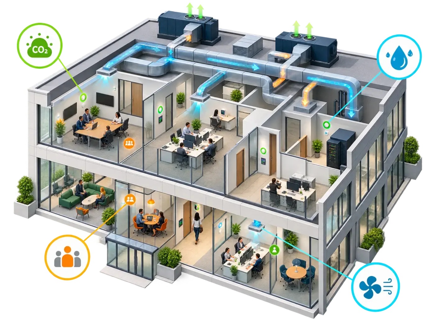 Cutaway of an office building showing ventilation ducts, airflow and air-quality sensors
